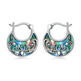 POPLYKE Hummingbird Sunflower Lotus Flower Earrings 925 Sterling Silver Flower Hoop Earrings Abalone Jewellery Gifts Women, 白金, Abalone