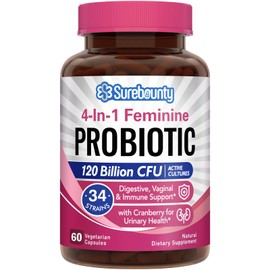 Surebounty Probiotics for Women, 120 Billion CFU 34 Strains, Prebiotics, Digestive Enzymes, Cranberry, 4-in-1 Feminine Probiotic, Digestive, Vaginal, Immune Support, 60ct