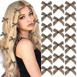 SAWINDA 20PCS Brown Mini Hair Bows Gingham Craft Bows for Hair Small Bow Hair Clips Cute Bowknot Hair Ribbons Barrettes Claw Clips Y2K Hair Accessories for Teens and Girls