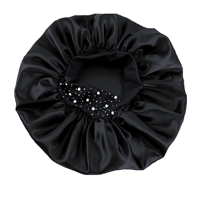 YeeMan Hair Bonnet Glittering Pearls and Rhinestones Satin Bonnet Wide