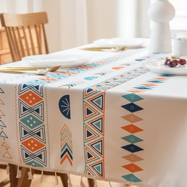 Farmhouse Wipeable Tablecloth Vinyl Waterproof Coating Spill-Proof Table Cover Cotton Linen Backing Slip Resistant White Blue Boho Tabletop Kitchen Party Table Décor Rectangle, 55"×70"(4-6 Seats)