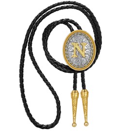 Western Initial Letter Bolo Tie for Men, Cowboy Rodeo ABCD to Z Leather Necklace, Cowgirl Western Accessory for Women (N)