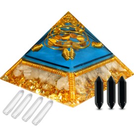 Soulnioi 3.7" Tiger's Eye Orgone Pyramid, Chakra Pyramid Natural Quartz Positive Energy Generator with 3pcs Obsidian Column, 3pcs White Crystal Column for Chakra Balance, Reiki Meditaion