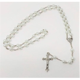 White Glass Rosary Beads with Silver Metal Crucifix by Sterling Effectz