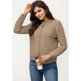 Jhsnjnr Women's Crew Neck Sweater Open Front Long Sleeve Elegant Cropped Cardigan Button Down Knit Jumper Jackets Khaki
