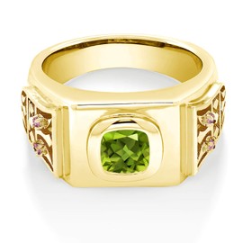 Gem Stone King 2.48 Ct Green Peridot Pink Lab Grown Diamond 18K Yellow Gold Plated Silver Men's Ring (Size 9)