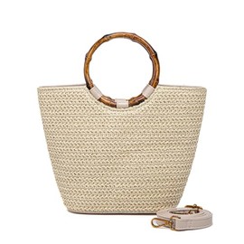 Chageempb Small Resin Bamboo Handle Straw Tote Bag Summer Beach Purse For Women Vacation Top Handle Handbags, Beige, Women Mini Straw Tote Handbag