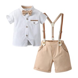 Boarnseorl Baby Boys Gentleman Outfits Shorts Sets,Infant Shirt + Shorts + Bow Tie + Suspenders,18-24M