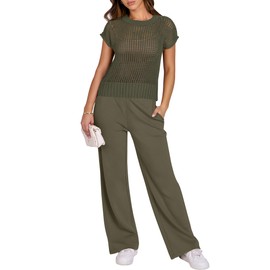 ANRABESS Women Two Piece Outfits Crochet Sheer Knit Sweater Top Wide Leg Pants Lounge Matching Sets Sweatsuit Travel Clothes Army Green Medium
