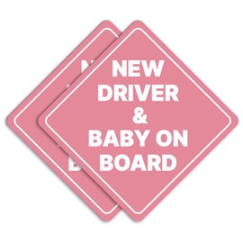 GEEKBEAR New Driver and Baby on Board Car Sign - Sticker or Magnet & Color Options, Weather-Resistant - Diamond Shape 6.8 x 6.8 in (Pink, Reflective Magnet)