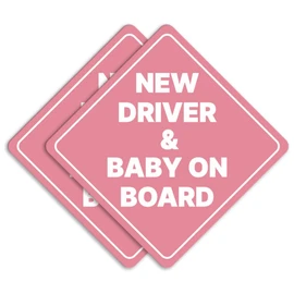 GEEKBEAR New Driver and Baby on Board Car Sign - Sticker or Magnet & Color Options, Weather-Resistant - Diamond Shape 6.8 x 6.8 in (Pink, Reflective Magnet)