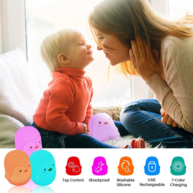 Soft Silicone Penguin Night Lights for Kids 7 Color LED