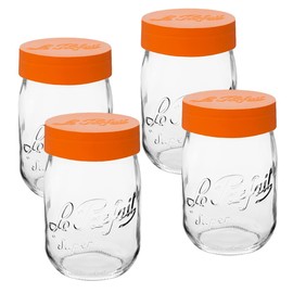 Le Parfait Screw Top Jar Wide Mouth French Glass Jar | Ideal for Food and Soup Storage, Canning, Flour, Brown Sugar, and other Baking Supplies (1L/32oz, Pack of 4, Orange)