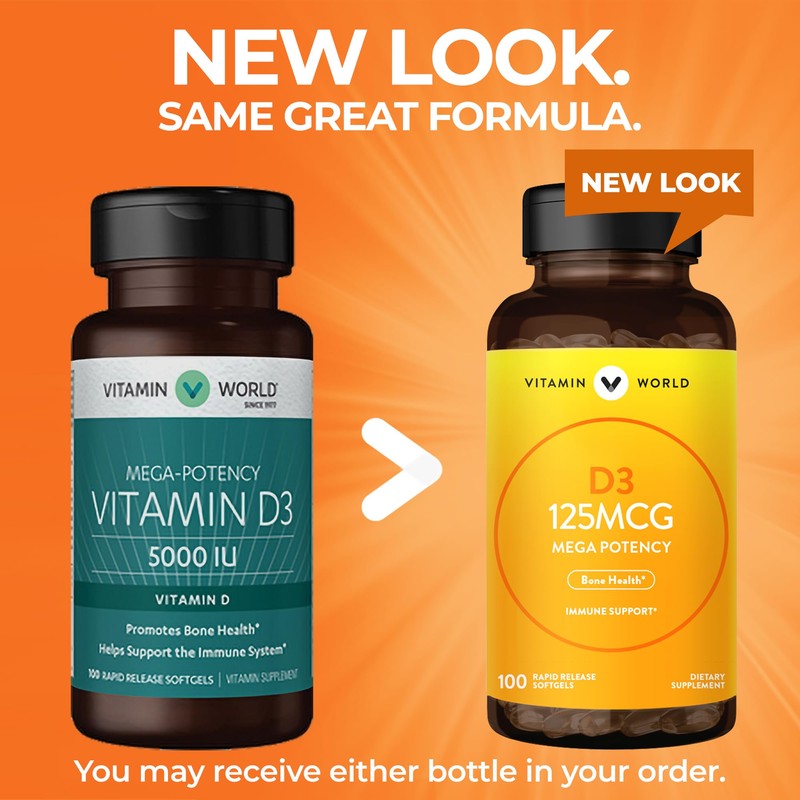 Vitamin World Vitamin D3 5000 IU 100 Softgels, Mega-Potency, Bioavailable,