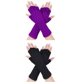 2 Pairs Unisex Fingerless Gloves Half Finger Stretchy Knit Gloves Lengthen Wrist Mittens Winter Warm Gloves (Black, Purple)