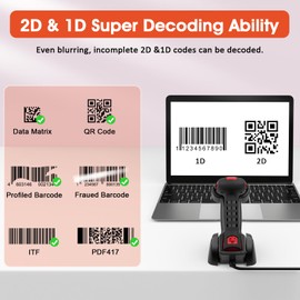 Symcode 2D Industrial Barcode Scanner with Stand 433 Wireless 1968 Feet Transmission Distance USB QR Automatic Barcode Reader Handhold Hands-Free Bar Code Scanner with Charging Base Red