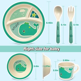 RayPard 5 Pcs Bamboo Kids Plates and Bowls Sets, Unbreakable Plastic Toddler Dinnerware Set Include Divided Plate, Bowl, Cup, Spoon, Fork, Durable Children Cartoon Tableware (Cyan Whale)