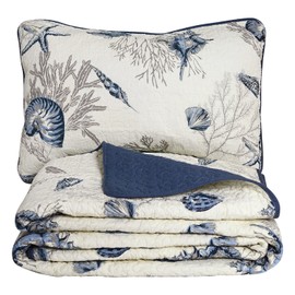 Brandream Queen Size Blue Ocean Quilted Comforter Set Nautical Bedding Set 100% Cotton Bedspread Coverlet Set 3-Piece