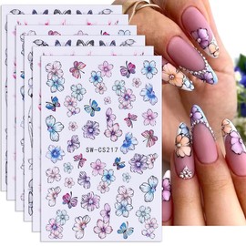 Spring Flower Nail Art Stickers Black White Butterfly Nail Decals 3D Self Adhesive Spring Summer Nail Art Supplies Cute Flowers Butterflies Nail Stickers for Women DIY Manicure Decorations, 6Sheets