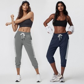 SPECIALMAGIC Women's 2 Pack Capri Pants Cropped Joggers with Pockets Capri Sweatpants Dark Grey+Navy Medium