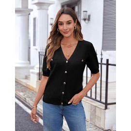 Zeagoo Women's 2025 Summer Short Sleeve Cardigan V Neck Button Down Ribbed Knit Casual Cropped Sweater Tops Black