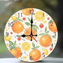 Fruit Wall Clock Oranges Lemons Strawberries Kitchen Decor 10-Inch Wooden Wall Clock, Silent Movement, Battery Operated (AA Batteries Not Included), Artistic Home Decor, Perfect for Home Accents