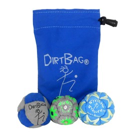 DIRTBAG All Star Footbag Hacky Sack 3 Pack with Pouch, 100% Handmade, Premium Quality, Bright Vivid Colors, Signature Carry Bag - Blue/Gray with Blue Pouch