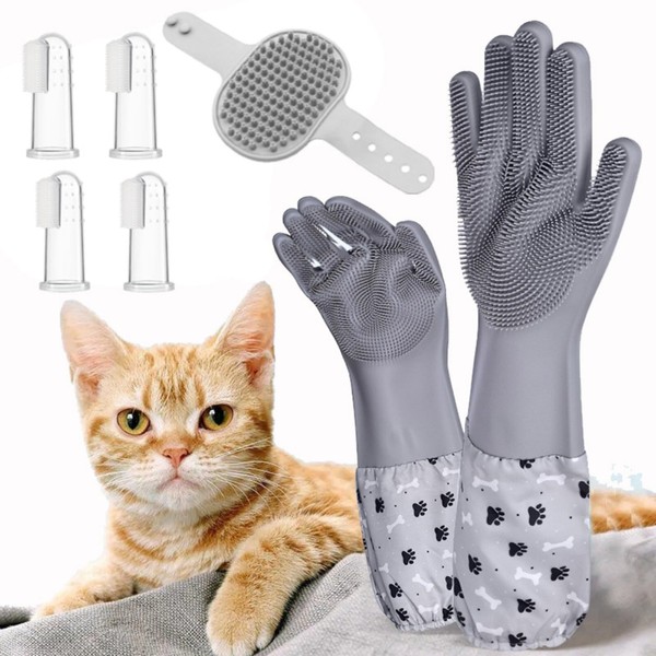BOBEJIMIA 3in1 Pet Bath Set,Washing Extended Length Gloves, Toothbrush, Dog