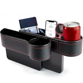 Car Seat Gap Filler, 2 Pack Multifunctional Car Seat Organizer with Cup Holder, Car Console Side Organizer for Cellphones, Wallets, Keys, Coin, Cards, Sunglasses, Passenger Side & Driver Side - Black