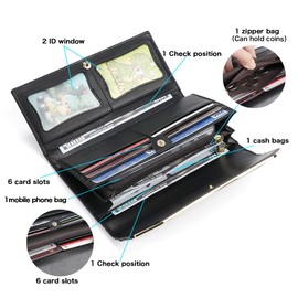 Fashionable women's leather wallet, large capacity multifunctional, snap closure, three fold long style, RFID shielding protection credit card carrying bag, Black, Elegant Style