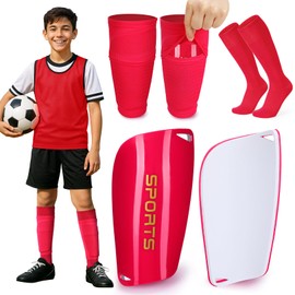 XZQTIVE Soccer Shin Guards with Shin Sleeves and Soccer Socks, Football Shin Pads Set for Kids Youth and Adult,Red