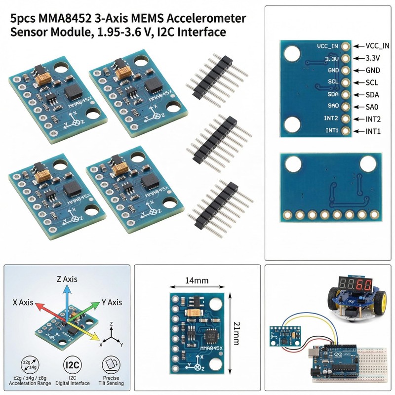 JESSINIE 5pcs MMA8452 3‑Axis MEMS Accelerometer Sensor Module, 1.95–3.6 V,