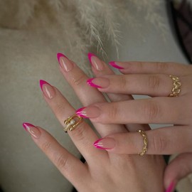 30Pcs Hot Pink French Tip Press on Nails Short Almond Press ons, Neon Short Fake Nails Almond Shaped Acrylic French False Glue on Nails for Women, Natural Stiletto Nail 15 Sizes