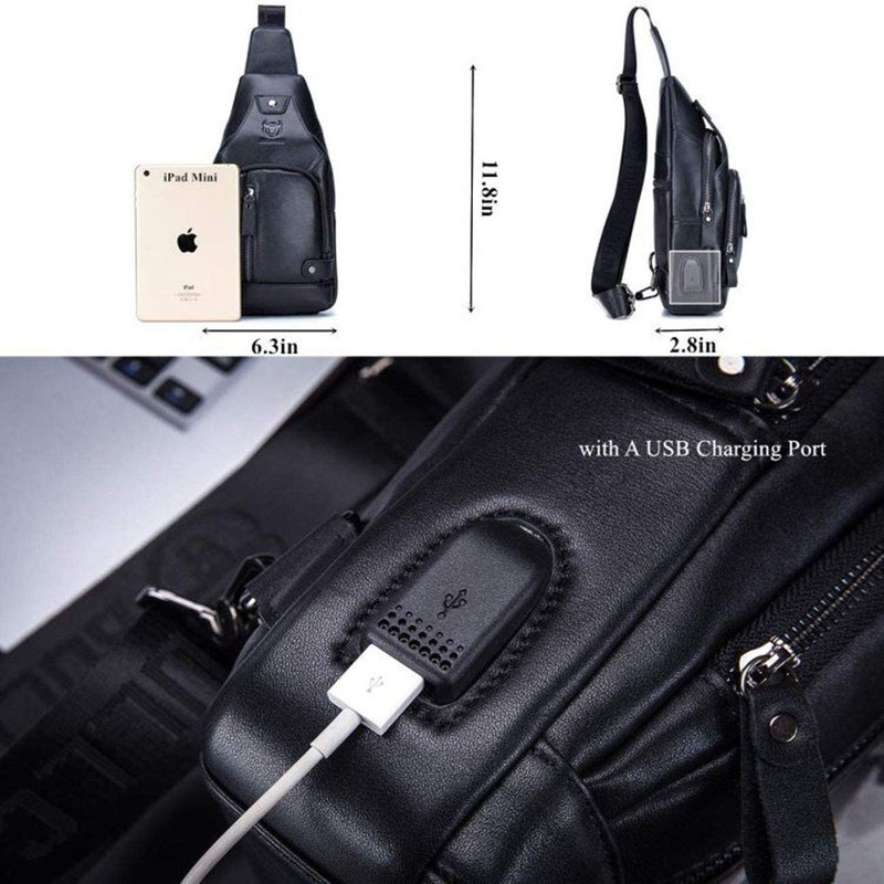 Leather Sling Bag Men Chest Shoulder Backpack Crossbody Bag with
