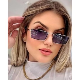 Laurinny Retro Small Narrow Rectangle Sunglasses for Women Men Trendy 80s 90s Rave Glasses UV400 Sunnies, Silver Frame/Light Blue Lens