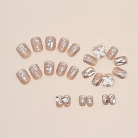24Pcs Artificial Fingernails Acrylic Fake Nails with Butterfly Gems Designs, Press on Nails Square Short Length, Coffin Full Cover Reusable False Nails with Glue, Glue on Nails with Glitter Charm