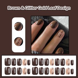 ANDGING Extra Short Press on Nails Brown Square Fake Nails with Glitter Gold Leaf Design Gel Acrylic fake nails for Wedding Birthday stick on nail with Glue Manicure False Nails for Women DL686Y