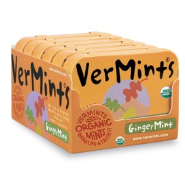 Organic Breath Mints by VerMints, GingerMint Flavor, All Natural, Non-GMO, Nut Free, Gluten Free, Vegan, KSA Kosher, Pack of 6, 1.41oz Tins