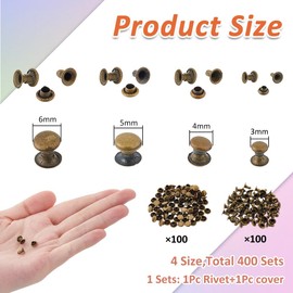 SUPERFINDINGS 400 Set 4 Sizes 3/4/5/6 mm Iron Rivets Double Cap Rivets Antique Bronze Half Shell Rivets Tubular Metal Quick Rivets for Leather Crafts Clothing Shoes Handbags Belt