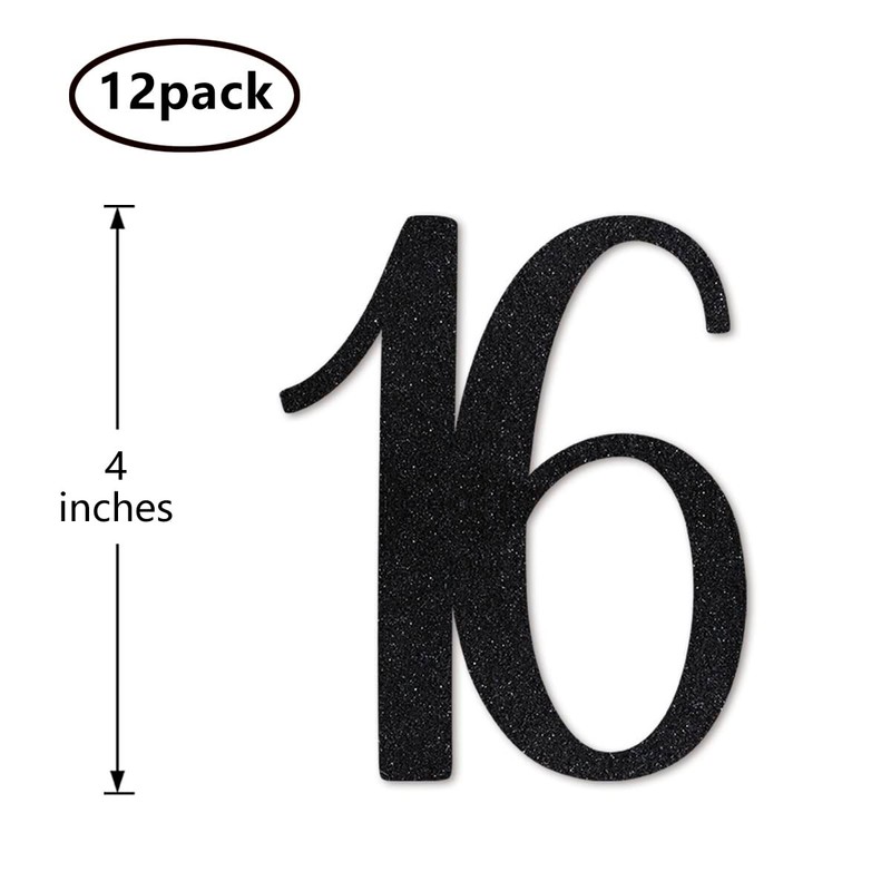 Black Glitter 16th Birthday Centerpiece Sticks, 12-Pack Number 16 Table