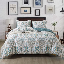 HoneiLife Cotton Duvet Cover Queen - Floral Comforter Cover 3-PC, Soft & Breathable Flower Bedding Duvet Cover Sets with Zipper Closure & Corner Ties, Wildflower Comforter Cover Sets, Damask