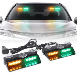 XRIDONSEN 2 in 1 Dash Emergency Strobe Lights Front/Rear Amber Green Windshield Lights Warning Safety Flashing w/Suction Cups for Volunteer Vehicles, Trucks（Amber/Green