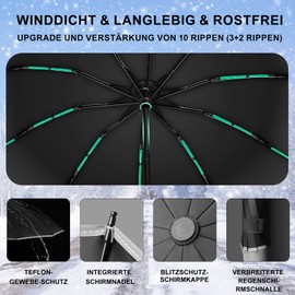 Automatic Open and Close Folding Reverse Umbrella 10 Ribs (3+2 Reinforced Ribs) Umbrella Knirps Large with Reflective Strips, Sun Protection, Portable for Travel and Car, Black-01