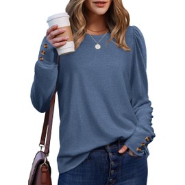 Aokosor Ladies Tops Jumpers for Women UK Crew Neck Sweatshirt Casual Puff Sleeve Shirts Tops with Buttons Size 14-16 Blue