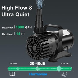 HURMOVAE 100W 1800 GPH Pond Pump for Outdoor Ponds with 180° Adjustable Outlet, Ultra-Quiet Fountain Pump with Barrier Bag & 20FT Power Cord, Waterfall Pump, UL Listed