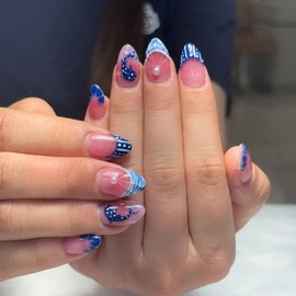 Medium Press on Nails Almond Fake Nails with Design 3D Drip Gel French Tip Glue Blue Shark False Nails Full Cover Acrylic Nails Artificial Stick on Nail for Women 24 Pcs Manicure