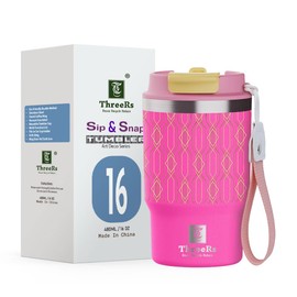 ThreeRs Art Deo Series Sip & Snap Insulated Travel Coffee Tumbler with Straw Leakproof Lid, Stainless Steel 304 Dual Wall, for Hot and Cold Drinks, 16 Oz (480ml) (Pink)