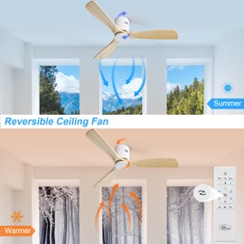 Sofucor 52 Inch Low Profile Ceiling Fans No Light, Modern Flush Mount Solid Wood Ceiling Fan with Airflow 5000CFM, Quiet DC Motor, 6 Speeds, Timer & Reversible for Bedroom Living Room, ETL, Yellow
