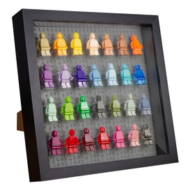 Tapeera Black Wooden Minifigure Display Case - Memorabilia Display Case for Figures - 11 x 11 Inch Shadow Box Frame - for Wall and Table Top with Dust Protection - Holds Up to 28 Figures (Gray Base)