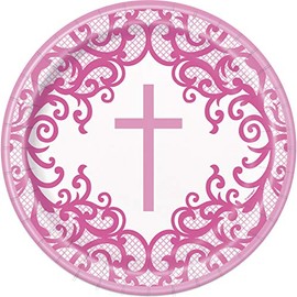 Fancy Pink Cross Round Dinner Paper Plates - 9" (Pack of 8) - Elegant & Disposable Party Essential for Religious Events and Any Occasions